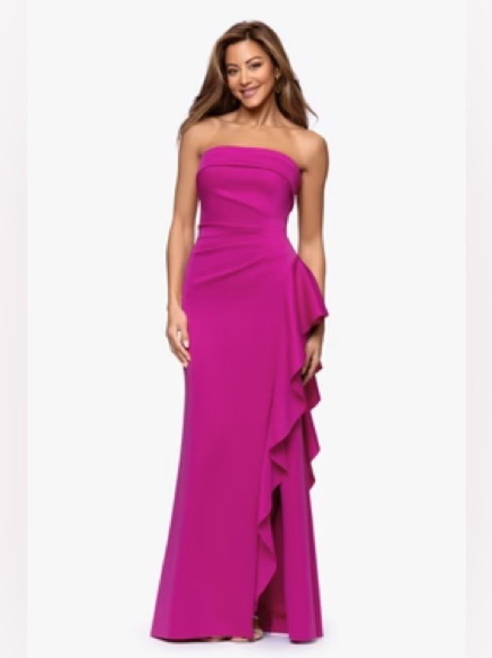 Strapless Fuchsia Ruffle-Detail Evening Gown - Picture 2 of 6
